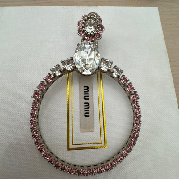 Miu Miu Silvertone Pink Crystal Embellished Hoop Earrings - Picture 2 of 5